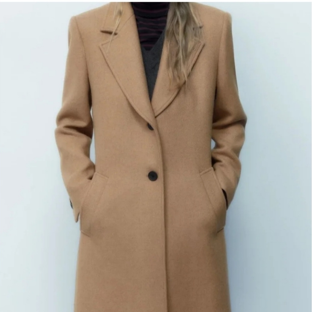 Zara Tan Wool Blend Pea Coat Size S - Picture 2 of 7